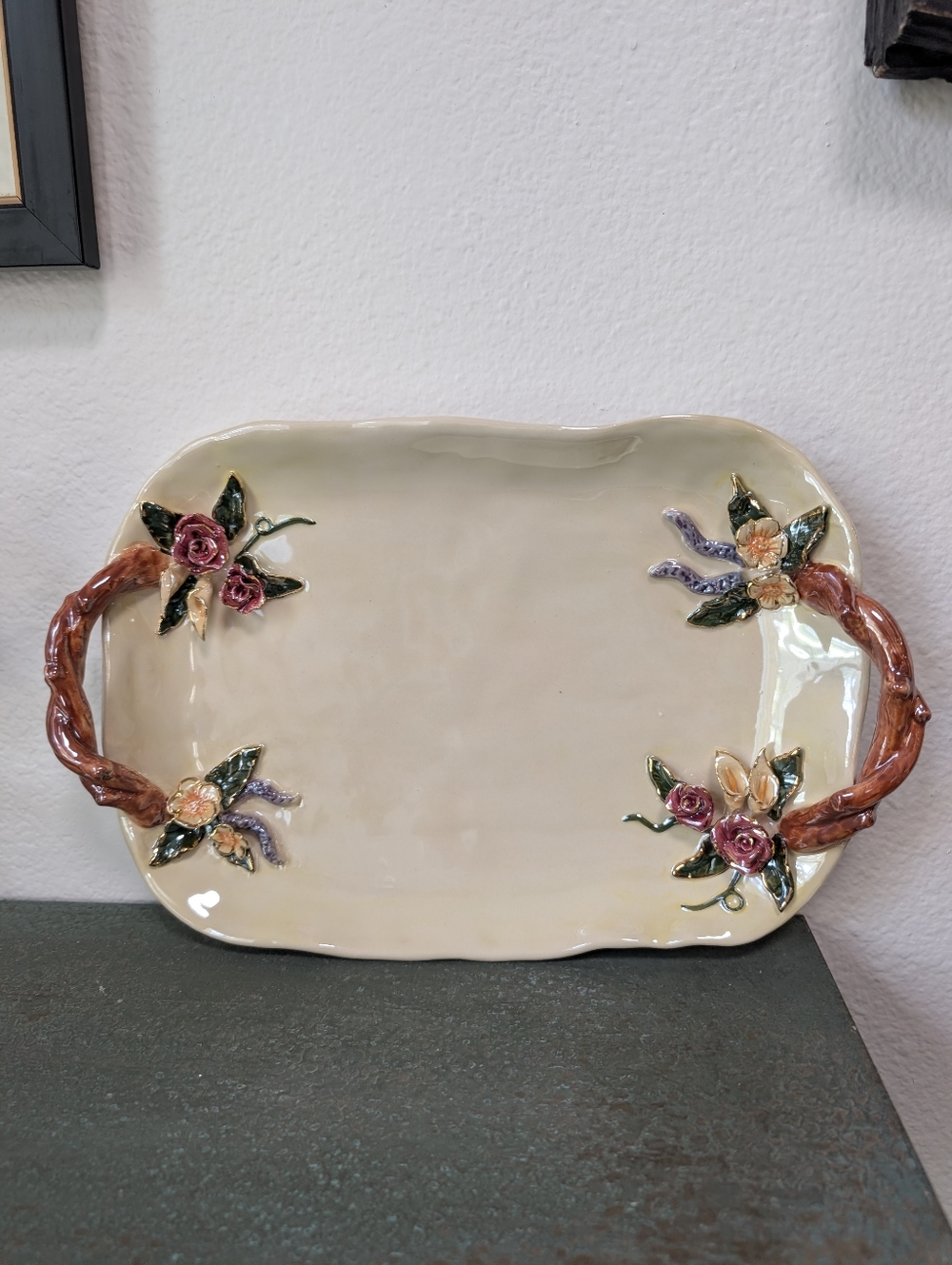 Magenta Floral w / Handles Decorative Rectangle Platter Tray Flowers Colorful